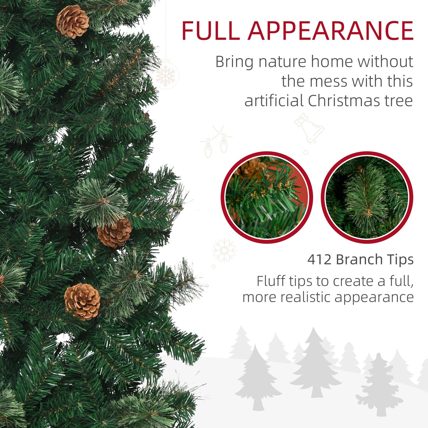 HOMCOM 5.5FT Tall Pencil Slim Artificial Christmas Tree with Realistic Branches, 412 Tip Count and 21 Pine Cones, Green