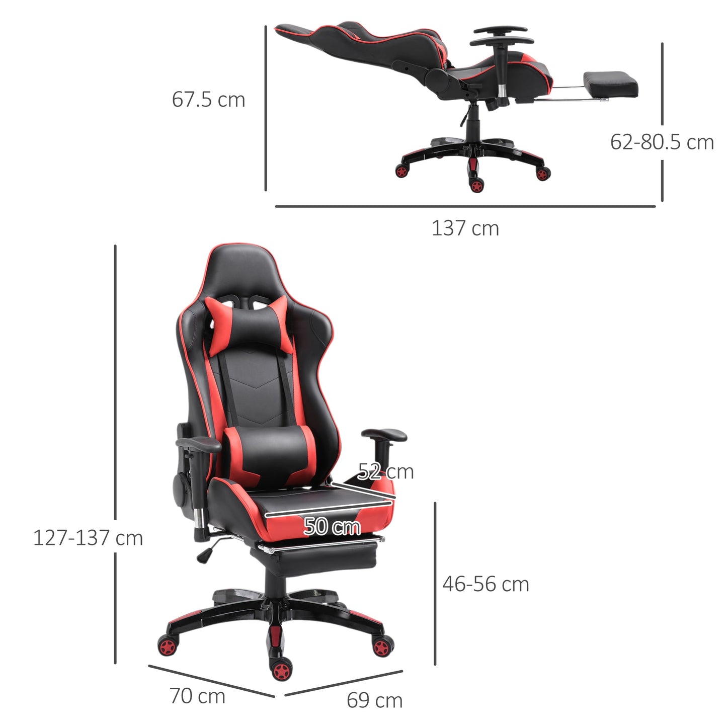 HOMCOM Gaming Chair High Back Swivel Home Office Computer Racing Gamer Desk Chair Faux Leather with Footrest, Wheels, Black Red