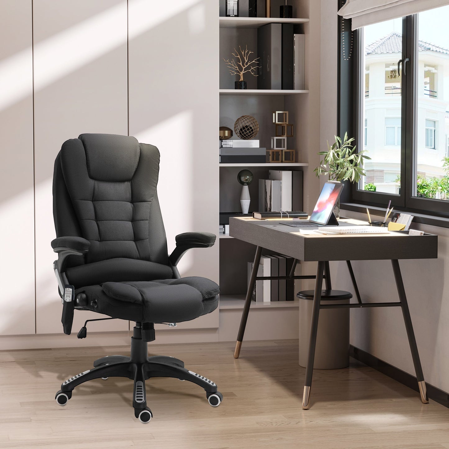 Vinsetto Massage Recliner Chair Heated Office Chair with Six Massage Points Linen-Feel Fabric 360Â° Swivel Wheels Black