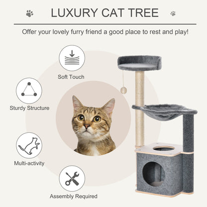 PawHut Cat Tree Cat Tower 95cm Climbing Kitten Activity Center with Sisal Scratching Post Perch Roomy Condo Hammock, Grey