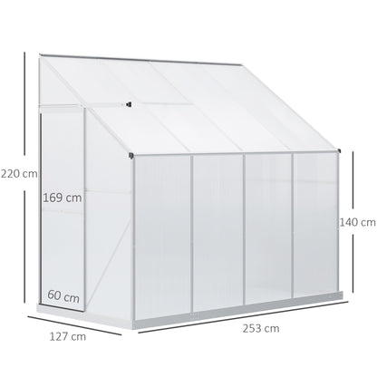 Walk-In Lean to Greenhouse Garden Heavy Duty Aluminium Polycarbonate with Roof Vent for Plants Herbs Vegetables, Silver, 253 x 127 x 220 cm