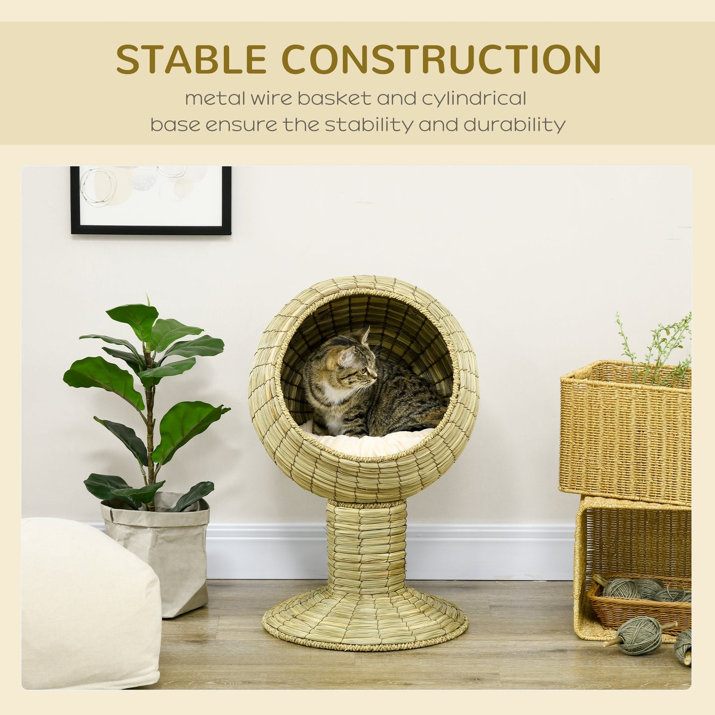 PawHut Raised Cat House, Natural Mat Grass Cat Bed, Kitten Cave with Stand Cushion, Detachable Top, Round, Yellow, Φ41x 71,5 cm