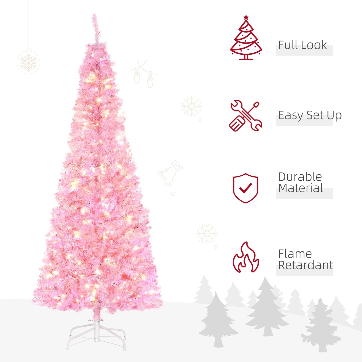 HOMCOM 6FT Tall Prelit Pencil Slim Artificial Christmas Tree with Realistic Branches, Warm White LED Lights and Tips, Xmas Decoration, Pink