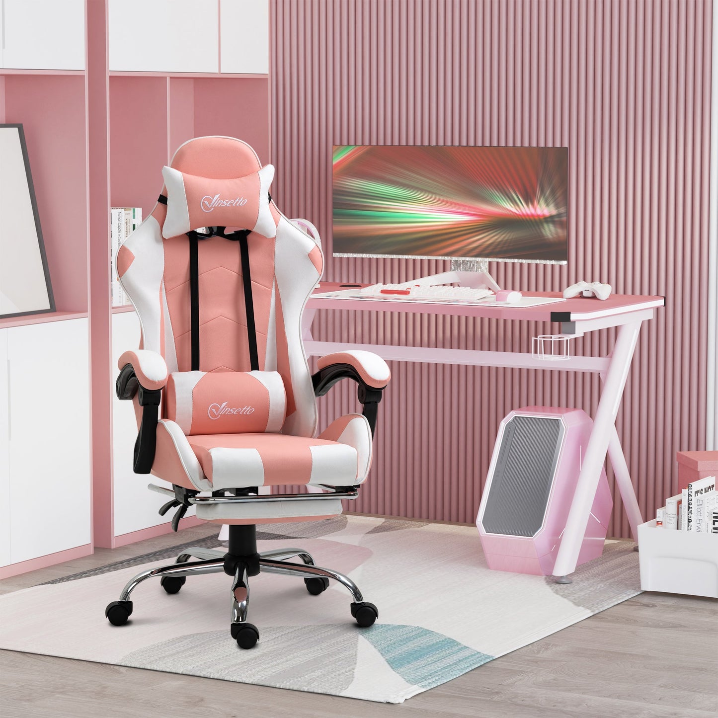 Vinsetto Gaming Chair with Head and Back Pillow, Retractable Footrest - Pink