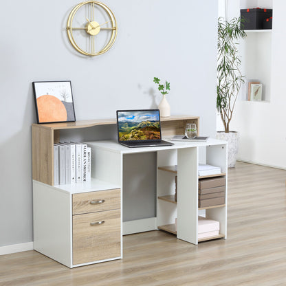 White and Wood Desk Wooden Computer Desk 140Lx55Dx92H cm Modern Home Office Writing Workstation Furniture Printer Shelf Rack Storage Drawer & Shelves