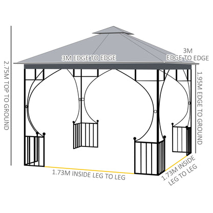 Outsunny 3 x 3 M Gazebo Outdoor Patio Party Tent Shelter Garden Canopy Double Tier Sun Shade Metal Frame Light Grey