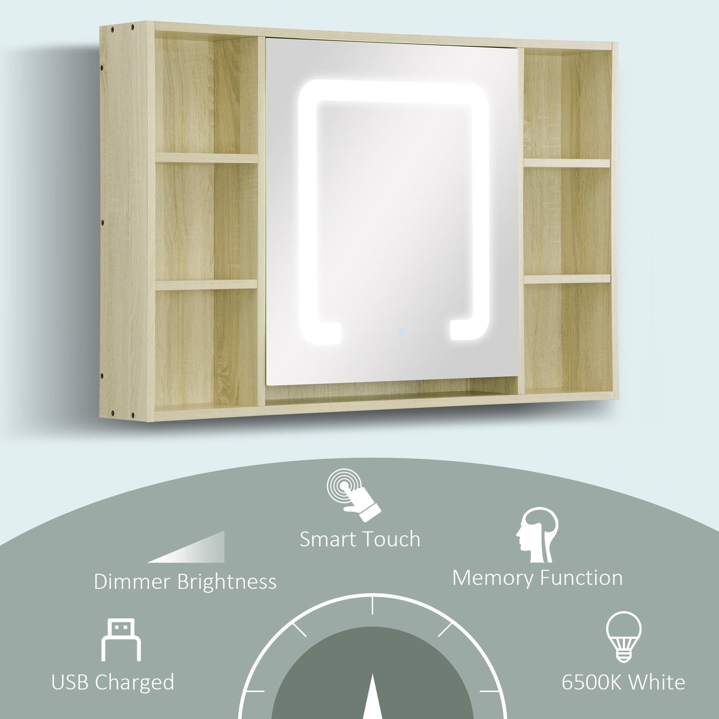 kleankin LED Bathroom Mirror Cabinet, Wall Mounted Dimmable Medicine Cabinet with Adjustable Shelf and Mirrored Door, Memory Function, USB Charge, Natural