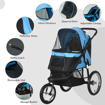 PawHut Pet Stroller Jogger for Medium, Small Dogs, Foldable Cat Pram Dog Pushchair w/ Adjustable Canopy, 3 Big Wheels - Blue