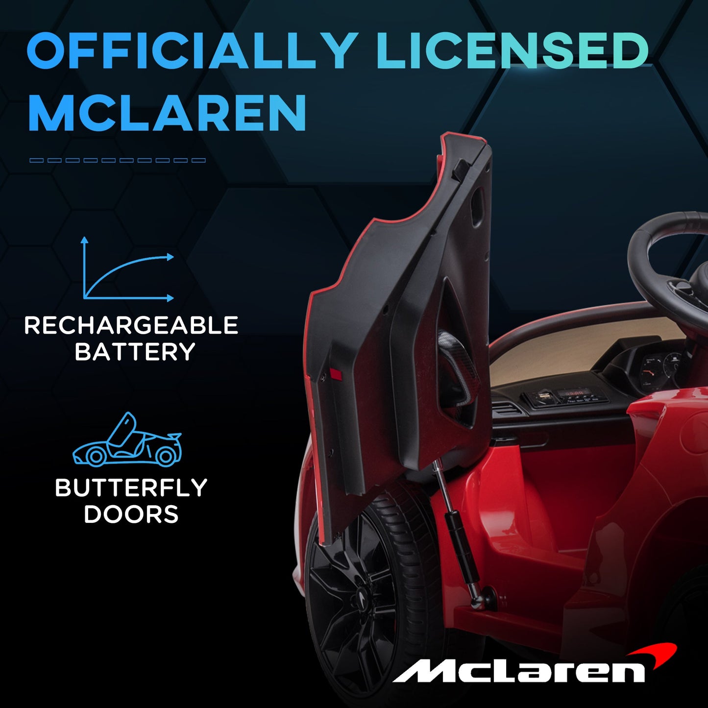 سيارة كهربائية مرخصة من HOMCOM Mclaren للأطفال مع أبواب على شكل فراشة، سيارة كهربائية تعمل بقوة 12 فولت مع جهاز تحكم عن بعد، موسيقى، بوق، مصابيح أمامية، فتحة MP3، عجلات تعليق، للأعمار من 3 إلى 8 سنوات - أحمر