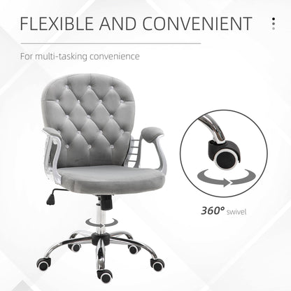 Vinsetto Office Chair Ergonomic 360Â° Swivel Diamante Tufted Home Work Velour Padded Base 5 Castor Wheels Grey