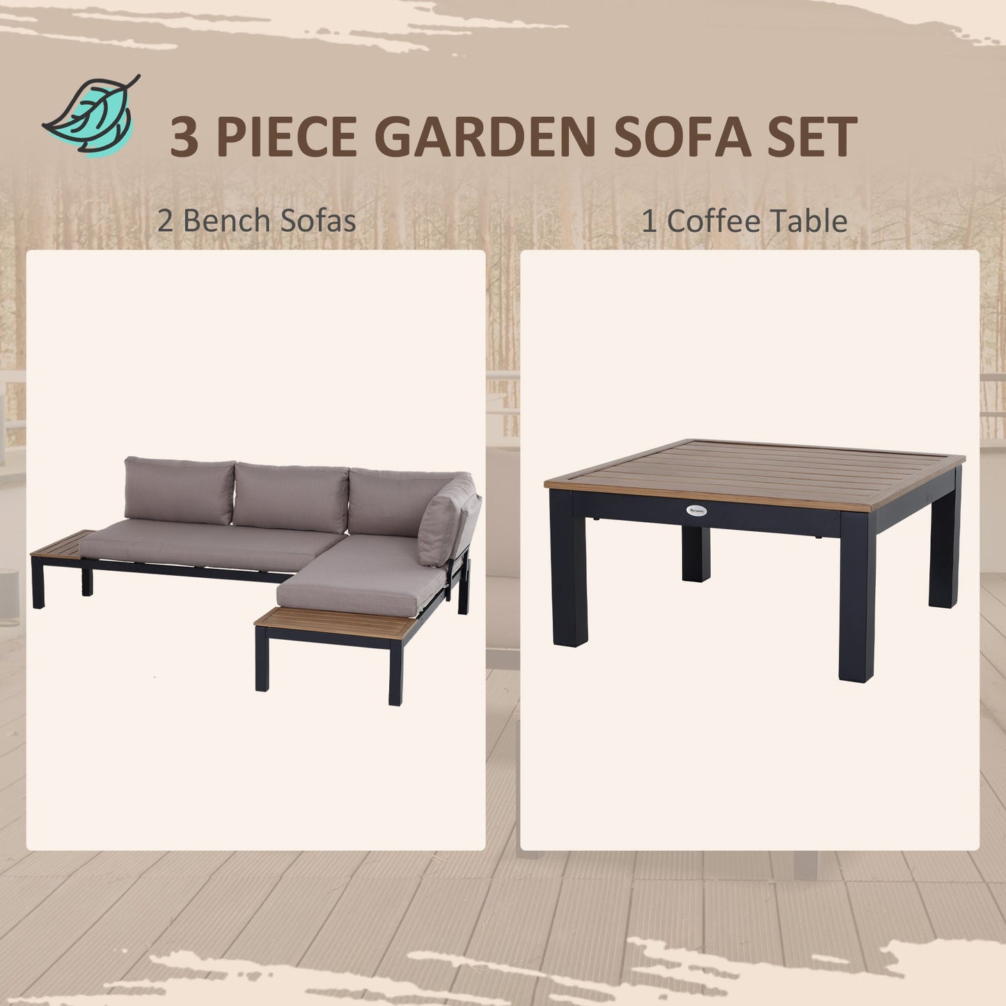 Outsunny 3 Pieces Garden Furniture Sets, Aluminium Outdoor Corner Sofa set with 2 Loveseat and Coffee Table - Grey