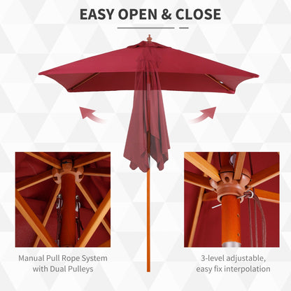 Outsunny 2m x 1.5m Garden Parasol Umbrella with Tilting Sunshade Canopy, Outdoor Market Table Umbrella with Wood and Bamboo Frame, Wine Red