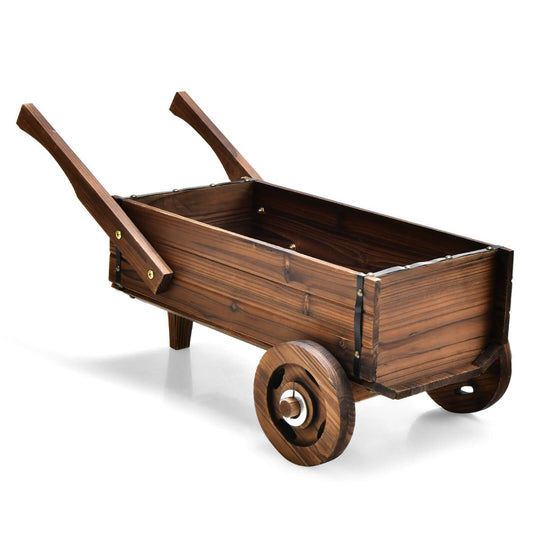 Wooden Wagon Planter Box with Wheels and Drainage Hole