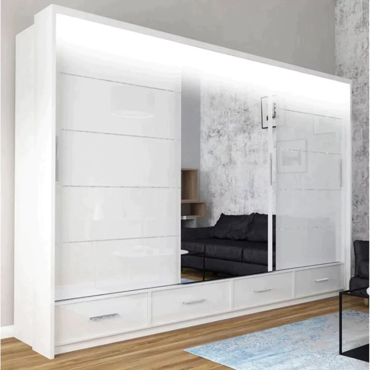 Mendeley Large High Gloss Sliding Wardrobe - Black, White and Grey