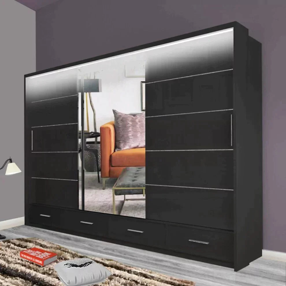 Mendeley Large High Gloss Sliding Wardrobe - Black, White and Grey