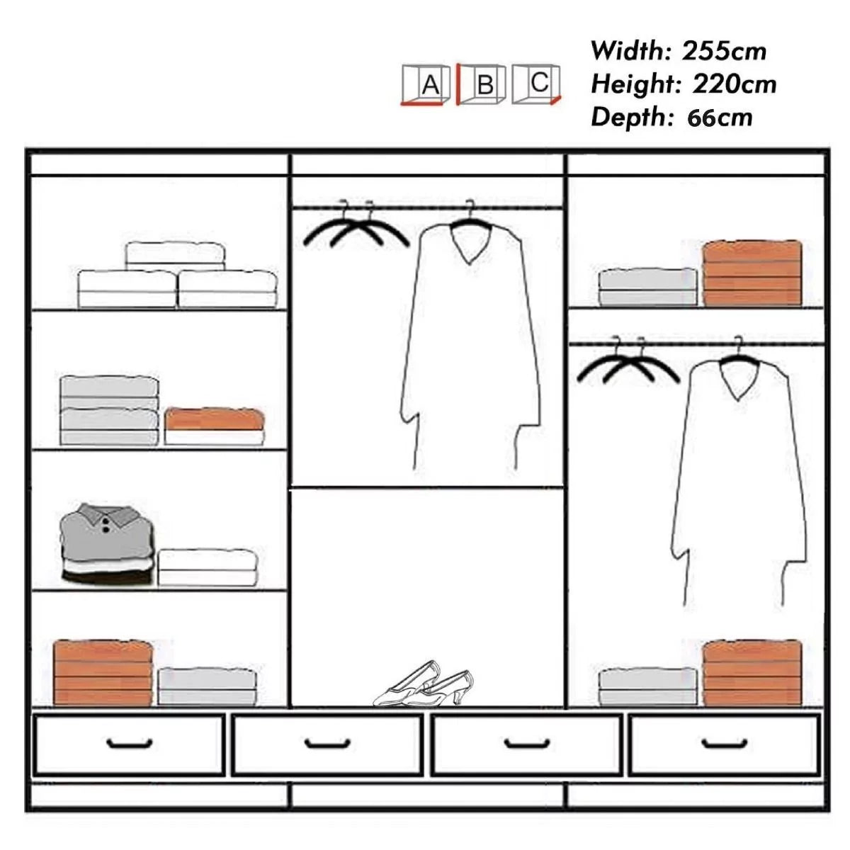 Mendeley Large High Gloss Sliding Wardrobe - Black, White and Grey