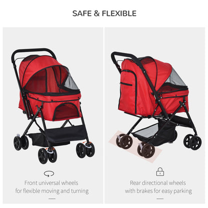 عربة أطفال PawHut Pet Stroller للكلاب للسفر قابلة للطي والركض مع مقبض قابل للعكس وسلة فرامل EVA ومظلة قابلة للتعديل ومقود أمان باللون الأحمر