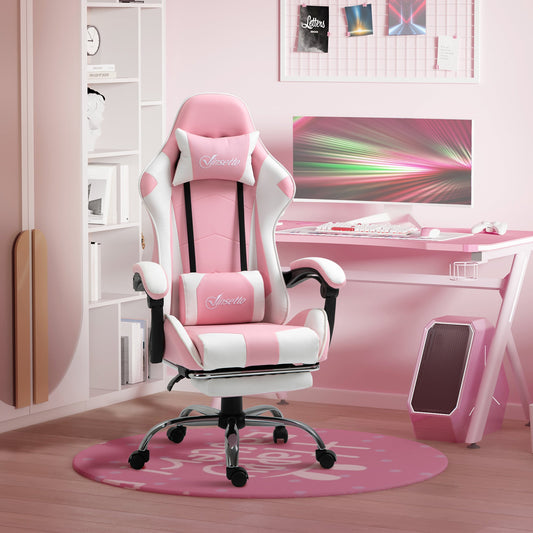 Vinsetto Gaming Desk Chair with Headrest and Retractable Footrest - Pink