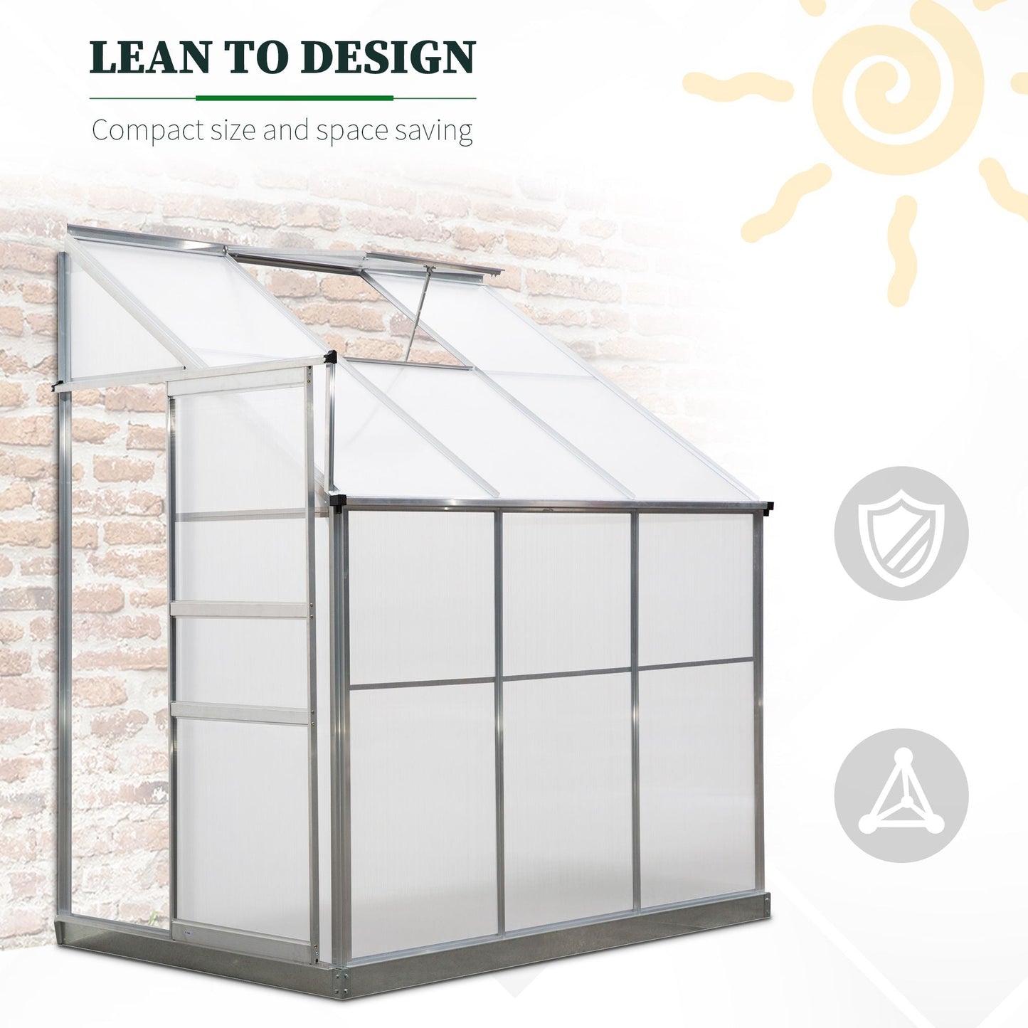 Walk-In Garden Greenhouse Heavy Duty Aluminum Polycarbonate with Roof Vent Lean to Design for Plants Herbs Vegetables 192 x 125 x 221 cm Frame w/