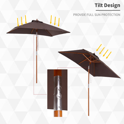 Outsunny 2m x 1.5m Garden Parasol Umbrella with Tilting Sunshade Canopy, Outdoor Market Table Umbrella with Wood and Bamboo Frame, Coffee