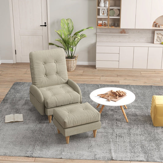 Upholstered Armchair With Footstool Set, Beige