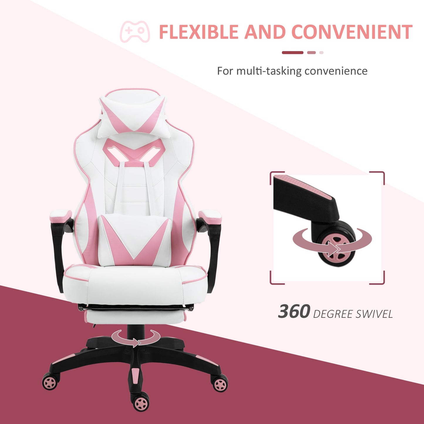 Vinsetto PU Leather Gaming Chair with Footrest and Headrest - Pink/White