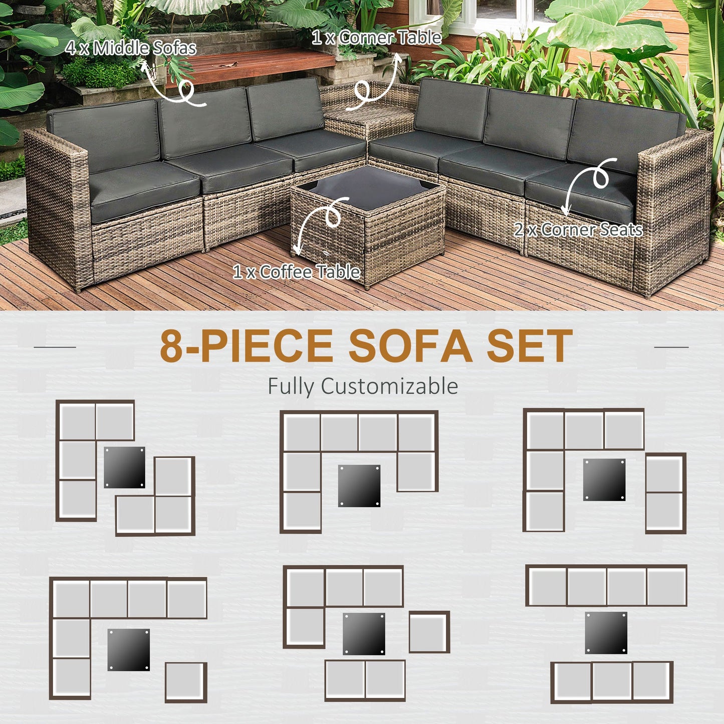 Outsunny 6-Seater Outdoor Rattan Wicker Sofa Set with Hidden Storage Side Table and Cushions, Mixed Brown