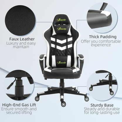 Vinsetto PVC Leather Gaming Desk Chair with Lumbar Support and Headrest - Black/White