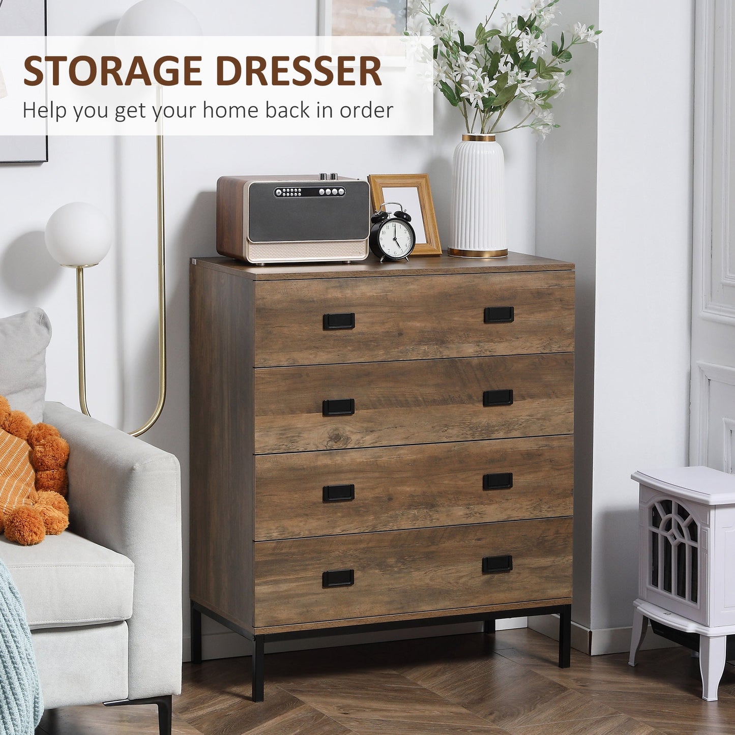 4-Drawer Organiser Unit with Metal Frame and Wood-Effect Design - Brown