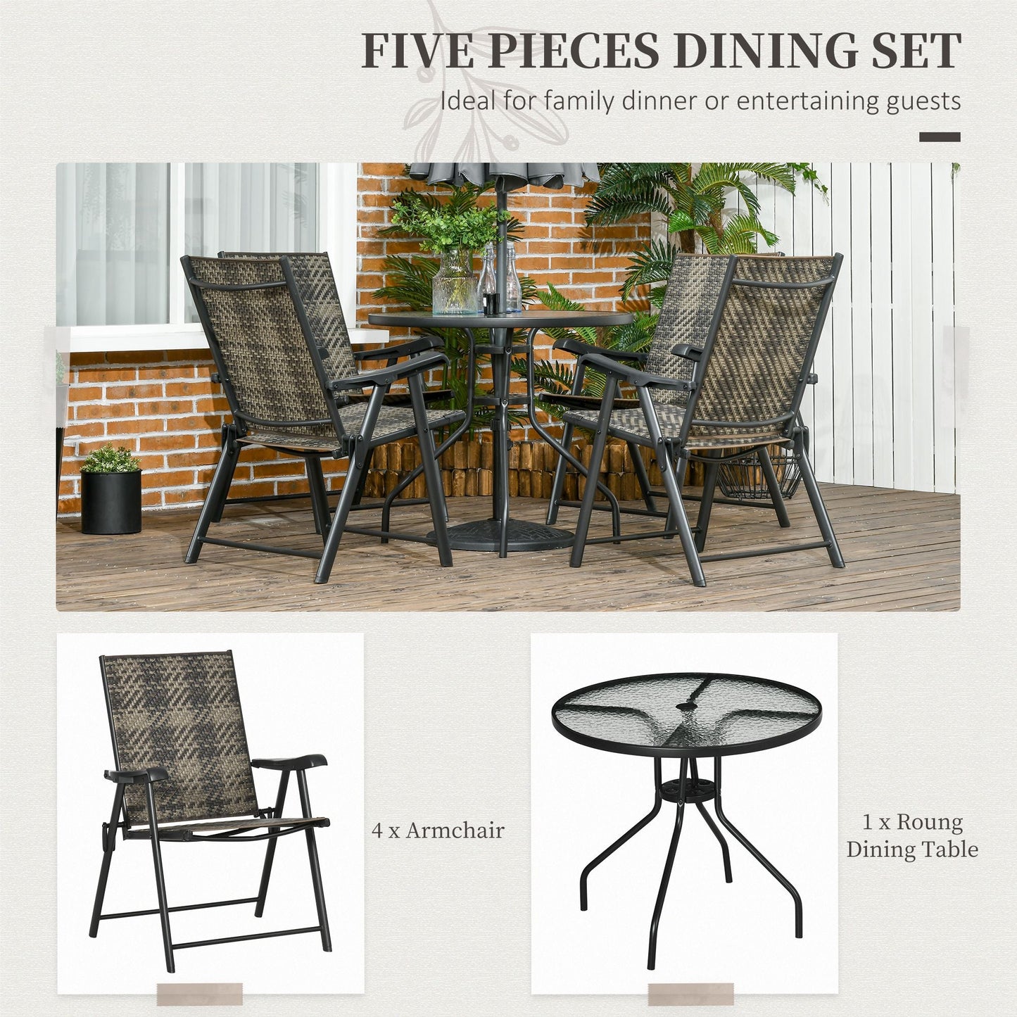 Outsunny 5 Pieces PE Rattan Dining Sets, 80cm Round Glass Top Garden Dining Table with Umbrella Hole, Outdoor Folding Armchair for Outdoors, Camping, Mixed Grey