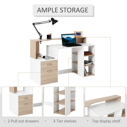 White and Wood Desk Wooden Computer Desk 140Lx55Dx92H cm Modern Home Office Writing Workstation Furniture Printer Shelf Rack Storage Drawer & Shelves