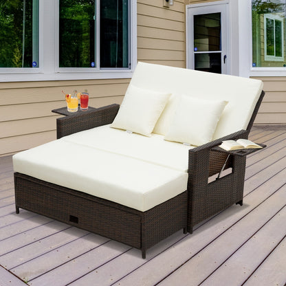 Outsunny 2-Seater Rattan Sun Lounger Daybed - Brown