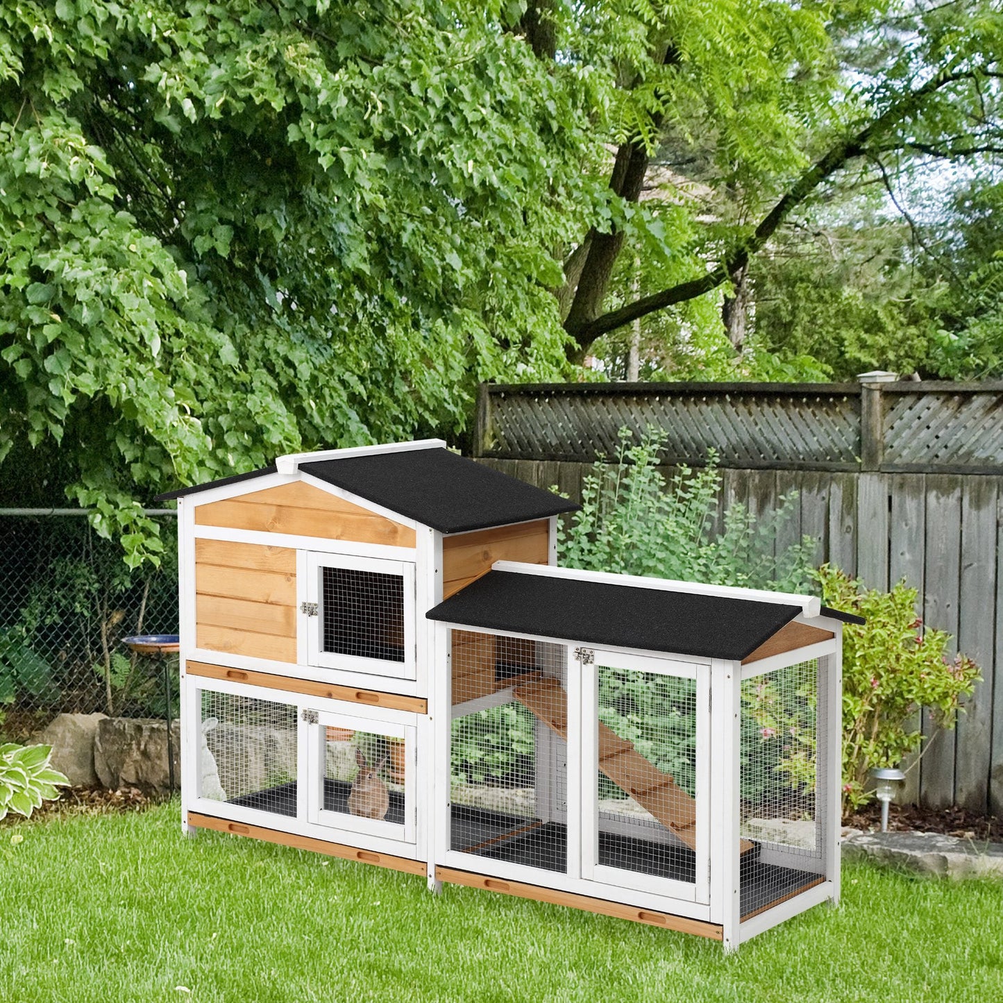 PawHut Rabbit Hutch Guinea Pig Hutch Wooden House with Run, 2 Tier Pet Cage Outdoor 157.4 x 53 x 93.5cm, Yellow