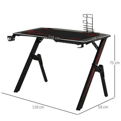 HOMCOM Gaming Desk, Racing Style Computer Table with Game Handle Holder, Cupholder, Headset Hook and Spider Leg for Study Workstation, Black